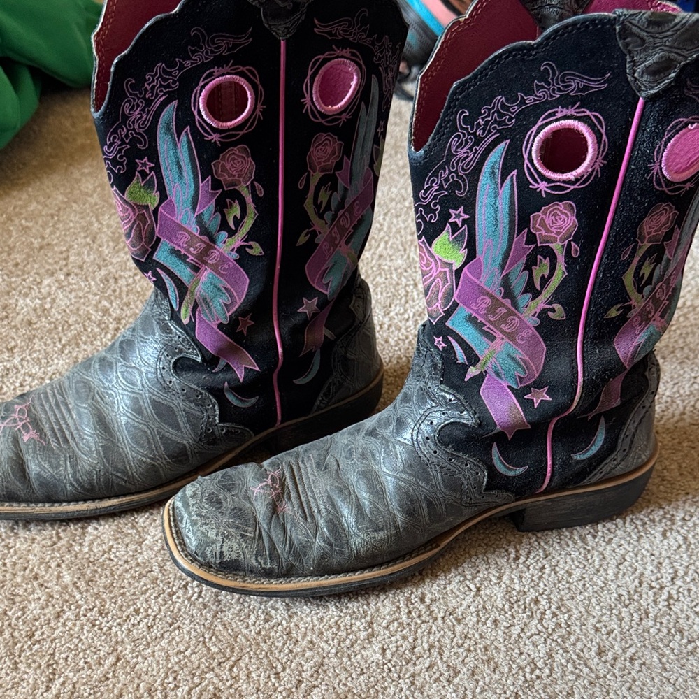 Ariat Black Cowboy Boots with Pink and Teal Embroidery